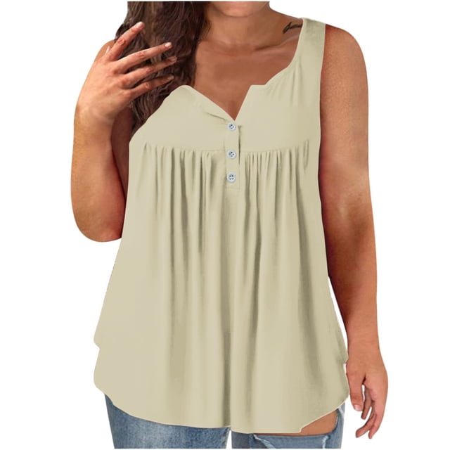 Dealovy Plus Size Tank Tops for Women Casual Sleeveless Scoop Neck Buttons Ruched Solid Color Loose Flowy Tees