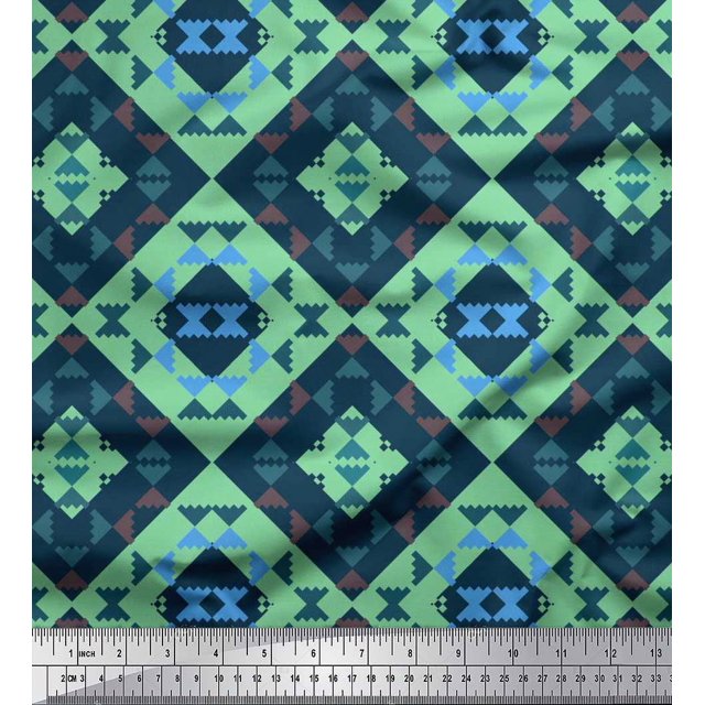 Soimoi Green Rayon Fabric Check & Geometric Printed Fabric 1 Yard 42 Inch Wide