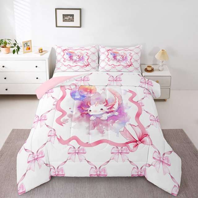 Erosebridal Ensembles de Couettes Axolotl Roses Format Double, Couettes et Duvets Nœud de Rêve, Déco Kawaii d'Animaux de Dessin Animé, 3 Pcs