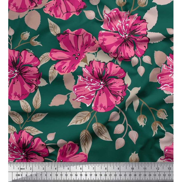 Soimoi Rayon Fabric Leaves & Carnation Floral Decor Fabric Printed Yard 56 Inch Wide