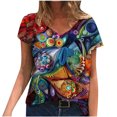 thumbnail image 2 of CEHVOM Mode Femme Col en V Été Manches Courtes Hauts à Imprimés Papillons T-Shirt Ample, 2 of 5