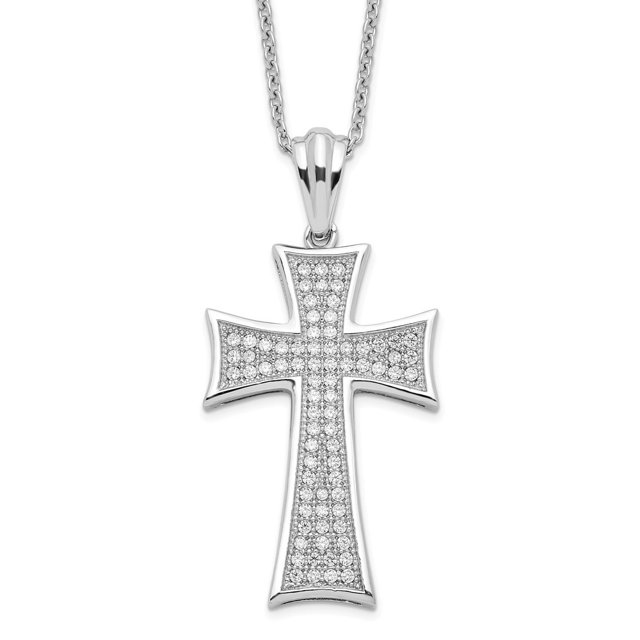Diamond2Deal 925 Sterling Silver Rhodium-plated 74 Stone Micro Pav‚ CZ Polished Cross Necklace with 2 Inch Extender for Women 18"