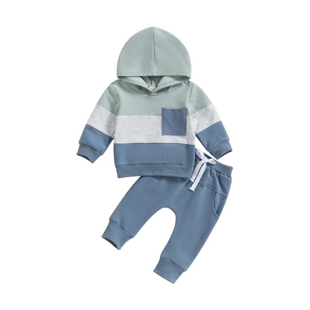 Faithtur Toddler Boy Autumn Clothes Contrast Color Long Sleeve Hoodies Solid Color Pants 2Pcs Outfit