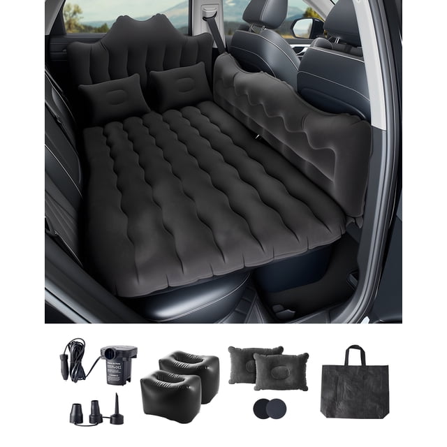 VEVOR Matelas Pneumatique pour Voiture Lit de Camping et de Voyage Gonflable avec Pompe Intégrée, Entièrement Gonflé et Placé sur le Siège Arrière d'Une Voiture. le Matelas Noir Présente une surface Floquée Douce, une Conception Ergonomique et des Barrières Latérales pour Plus de Confort et de protection. Comprend Deux Oreillers, Deux Repose-Pieds, une Pompe à Air avec un Cordon de 3 Mètres, une Buse Trois-en-un, un Sac de Rangement et Deux Pièces de Réparation. Convient aux VUS, VUM, Camions et à la Plupart des Modèles de Voitures, Idéal pour le Camping, les Voyages et les Activités de Plein Air