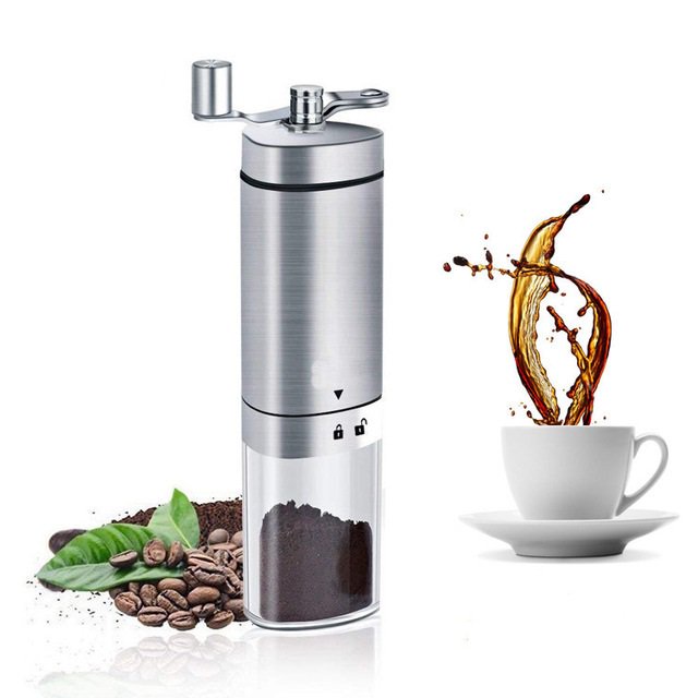 Moulin à Café Manuel en Acier Inoxydable, Moulin Portatif à Main pour Grains de Café avec Meule Conique en Céramique Réglable et Brosse, Moulin à Manivelle pour Espresso, Presse Française, Infusion Turque