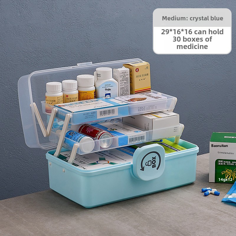 Transparent Crystal Blue Medium-Sized Medical Storage Organizer: 7-Compartment Large Capacity Medicine Chest for Home Health Supplies, Portable Emergency First Aid Kit for Family & Travel Use
