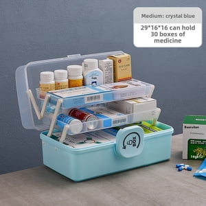 Transparent Crystal Blue Medium-Sized Medical Storage Organizer: 7-Compartment Large Capacity Medicine Chest for Home Health Supplies, Portable Emergency First Aid Kit for Family & Travel Use