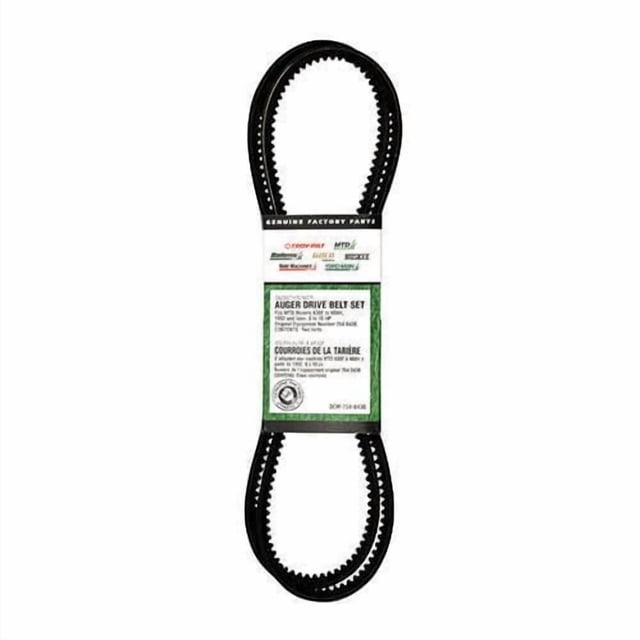 MTD Snow Blower Auger Belt set with two black toothed rubber belts sized 3/8 inch by 35 inches, designed for MTD 400/500/600 series 2-stage snow throwers from 1992 to 2004, displayed looped with a white and green label showing OEM part number 754-0430 and brand details.