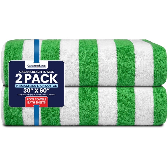 Canadian Linen Cabana Stripe Beach Towels Set, 2 Pack, 30"x60" Soft Cotton Absorbent Lightweight Quick Dry Large Pool Towel for Hospitality, Spa, Green