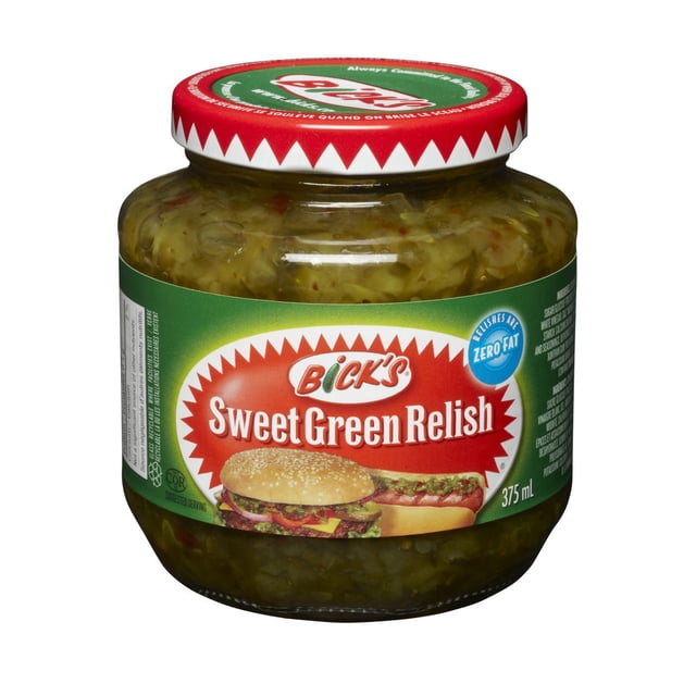 Bick’s® Sweet Green Relish in a 375 ml clear glass jar with a red lid and green label showing a burger and hot dog, containing a chunky blend of cucumbers and red pepper pieces, a shelf-stable condiment ideal for adding sweet crunch to BBQ dishes and sandwiches.