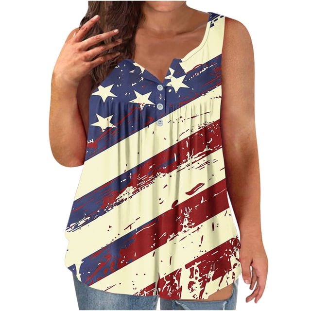 KIHOUT Plus Size Women's 4th of July Tank Top V Neck Button Sleeveless Front Ruffled Print Tunic Tops Beige 2XL