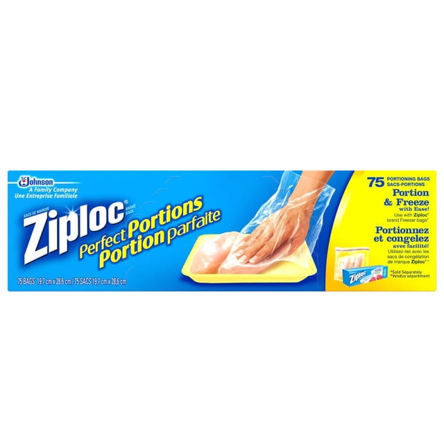 Ziploc Perfect Portions Sacs, 75 Sacs, Emballage avec Scellage à la Main d'Un Sac en Plastique Transparent sur un Plateau Jaune, Conçu pour le Portionnement et la Congélation des Aliments afin de Réduire la Combustion au Congélateur et Simplifier l'Entreposage au Congélateur, Souvent Utilisé pour Congeler des Portions Individuelles de Viande.