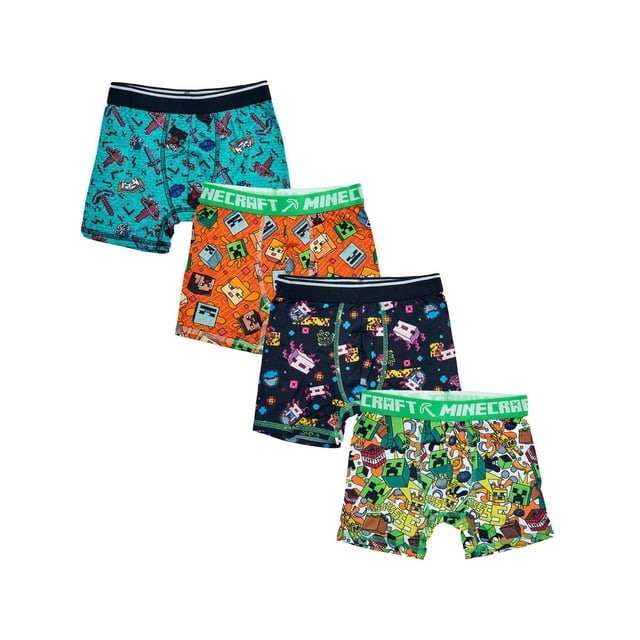 Minecraft Creeper And Mob 4-Pack Boxer Briefs front-facing stacked view of four folded kids pairs with pixelated Creeper and mob prints in green and black, visible elastic waistbands, tagless interior and breathable knit fabric; officially licensed, also suitable as sleepwear.