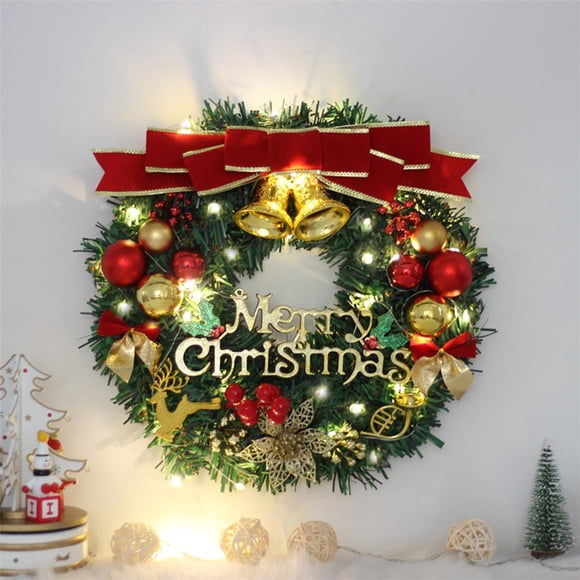 Dvkptbk Christmas Wreath Faux Christmas Wreath with Bells and Text Card Also Embellished with Christmas Balls Deer and Flowers Merry Christmas Door Decorations Christmas Decorations