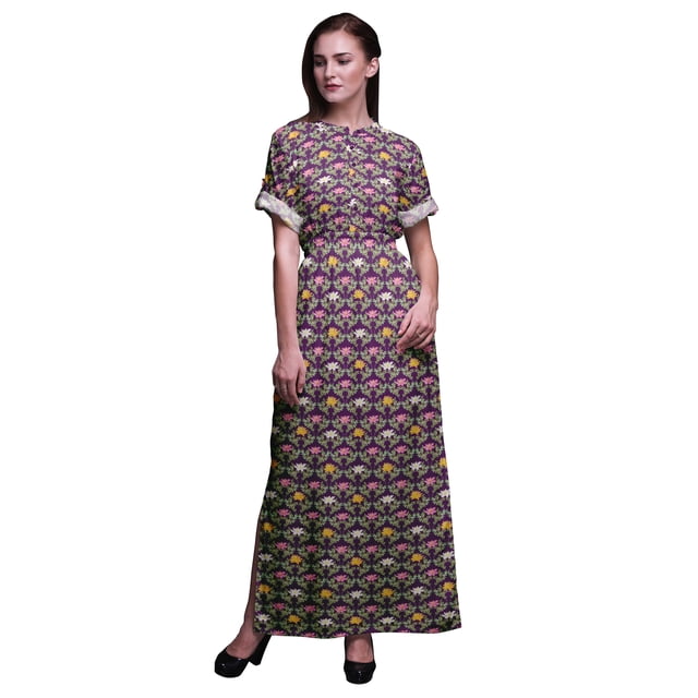 Bimba Robe Longue Imprimée en Rayonne à Quart de Feuille et Nénuphar, Taille Smockée, Fente Latérale, Robe pour Femme - XX-Grand