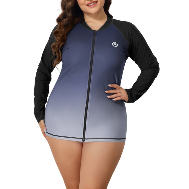 Charmo Womens Plus Size Long Sleeve Rash Guard Top Zipper Surfing Swim Shirt in a gradient blue and black design. This swim shirt features a front zipper for easy wear, long sleeves for UV protection, and a high crew neck for a professional look. Made with quick-drying, stretchy fabric, it offers comfort and full range of motion, ideal for swimming, surfing, paddle boarding, and other outdoor activities.