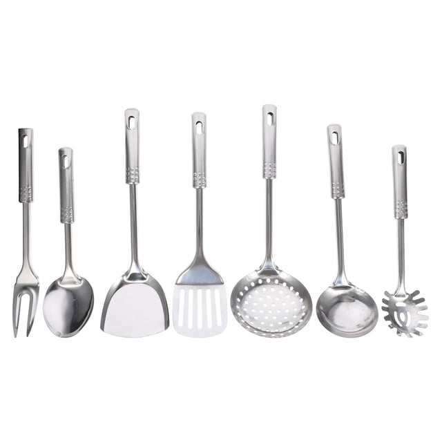 NUOLUX 7Pcs Kitchen Utensils Set Metal for Cooking Utensils Stainless Steel with Flat Head. Includes seven silver stainless steel cooking tools: fork, spoon, slotted spatula, perforated skimmer, ladle, spaghetti server, and flat spatula. Designed with smooth surfaces and hanging holes for easy storage. Perfect for kitchen gadgets and cooking tools in home or professional settings.