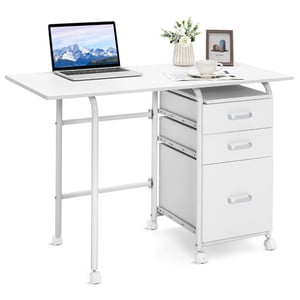 Gymax Bureau d'ordinateur portable pliant w/3 Tiroirs blancs