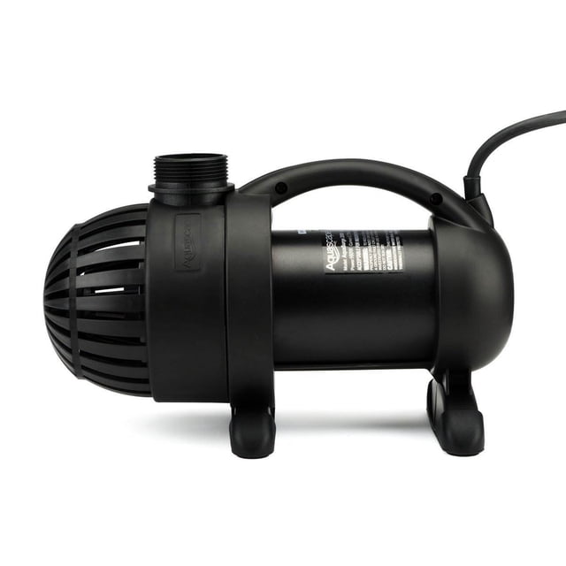 Aquascape AquaSurge 2000 GPH Pond Water Pondless Waterfall Asynchronous Pump in a compact black design with a durable handle and a protective intake cover. Designed for continuous use in ponds, waterfalls, and skimmer systems, it features an energy-efficient asynchronous motor and a maximum flow rate of 2,193 gallons per hour. Includes a 20-foot power cord and fittings for easy installation. Suitable for vertical or horizontal orientation.