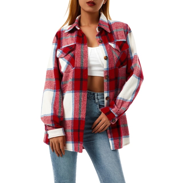 Women Plaid Flannel Shirt Jacket Button Down Lapel Long Sleeve Shacket Cardigan Coats Fall Spring Clothes