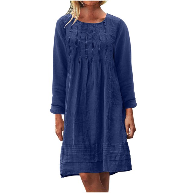 MeetoTime Robe Mi-Longue pour Femme à Col Rond, Manches Longues, Longueur Genou, Légère, Ample, en Coton et Lin, Tailles P-5TG