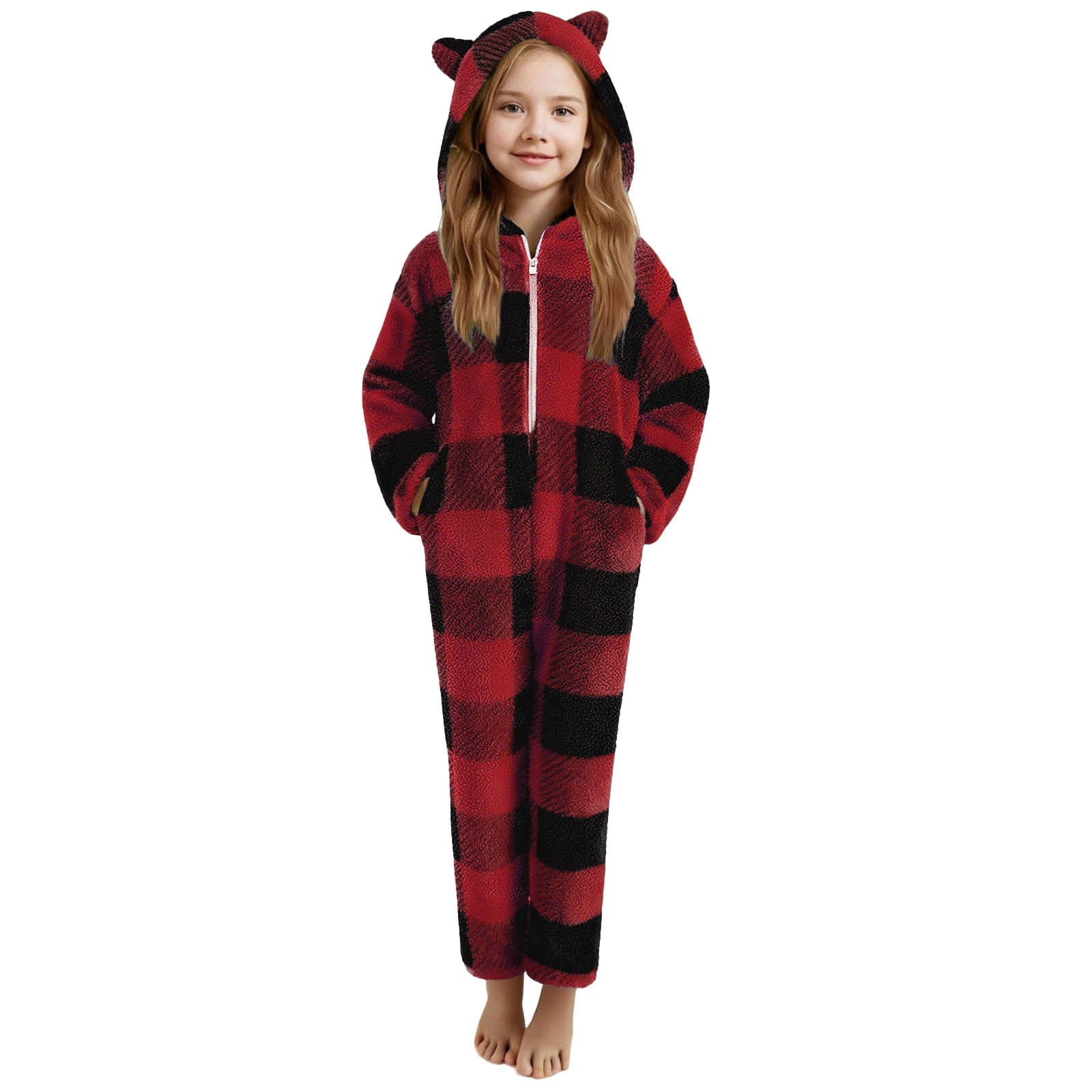 Combinaison à Manches Longues pour Filles, Combinaison à Capuche à Carreaux à Manches Longues, Tenue de Nuit Décontractée d'Hiver avec Chaleur, Rouge, Manches Longues
