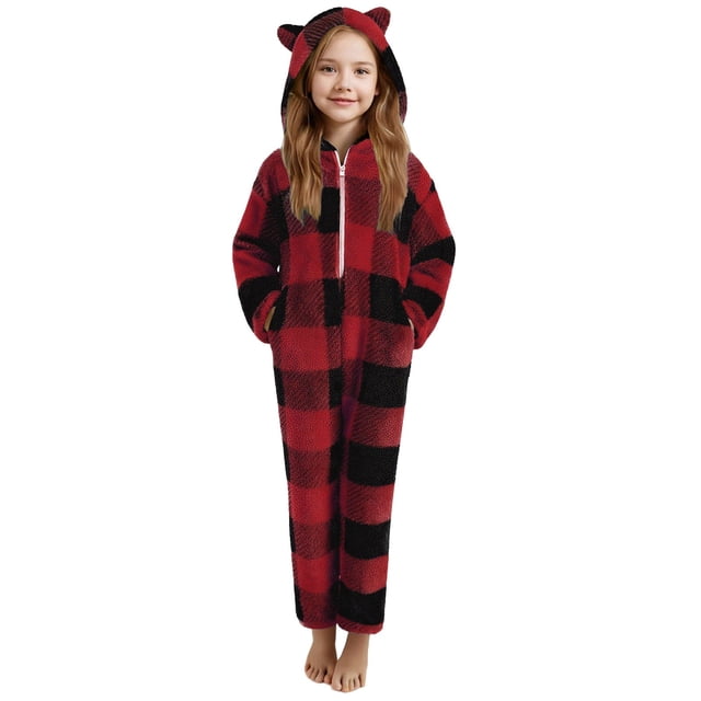 Combinaison à Manches Longues pour Filles, Combinaison à Capuche à Carreaux à Manches Longues, Tenue de Nuit Décontractée d'Hiver avec Chaleur, Rouge, Manches Longues