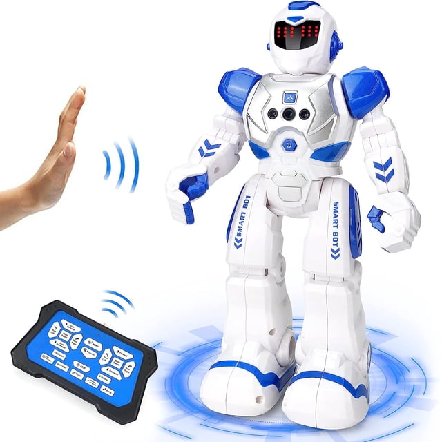 Kid Remote Control Intelligent Robot, Walking Singing Dancing Educational Toy, Smart Robot Toy (Blue) front-facing wheeled robot with flexible arms, LED light-up eyes and changeable expressions; gesture control and remote control toy, programmable (records up to 50 actions), 50cm gesture sensing, USB charging, 10.6x4.3x3.1in (27x11x8cm), often used in classrooms to demonstrate basic robotics sequencing.