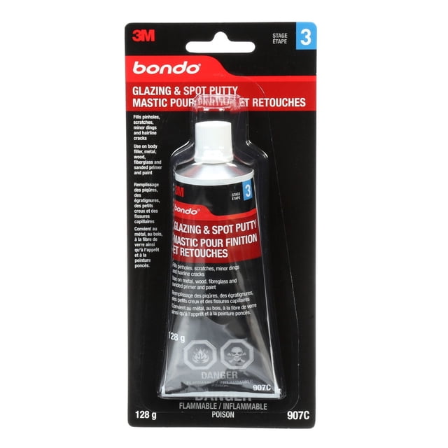 Bondo® Glazing And Spot Putty 128 g tube with white cap on black and red packaging, used for auto body repair to fill pinholes, scratches, minor dings, and hairline cracks on metal, wood, fiberglass, and sanded primer, fast drying and paintable filler labeled flammable and poisonous.