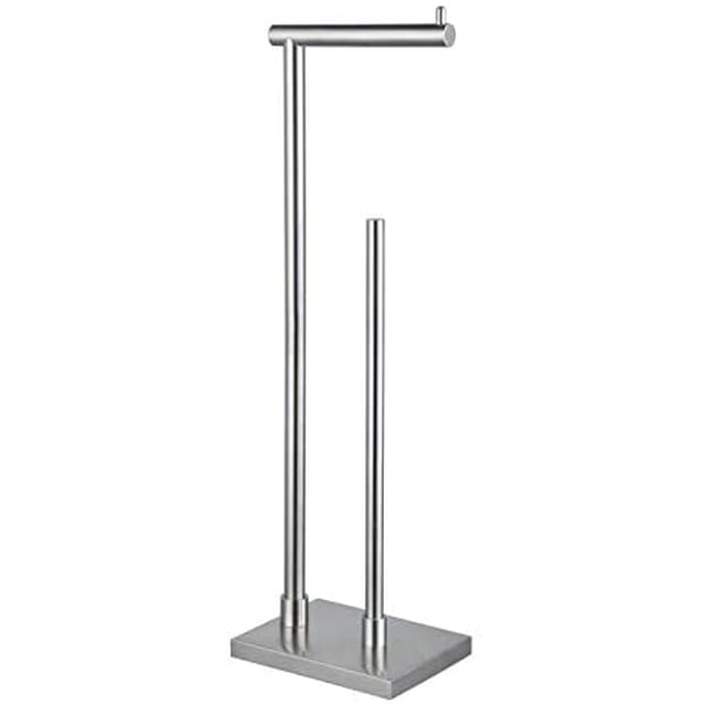 Porte-papier Hygiénique Autoportant avec Réserve, Fabriqué en Acier Inoxydable SUS 304 avec une Finition Brossée Antirouille. Conçu comme un Porte-Rouleau de Papier Hygiénique sur Piédestal Moderne avec Rangement pour jusqu'à Trois Rouleaux. Idéal pour des Améliorations de Quincaillerie de Salle de Bain. Dimensions : 7.1 Pouces (L) x 5.3 Pouces (L) x 21.9 Pouces (P).