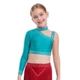 thumbnail image 1 of Manyakai Kids Girls Shiny Rhinestone Jazz Latin Modern Lyrical Dance Crop Tops Irregular Shoulder Blue Green 8, 1 of 7