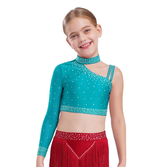 Manyakai Kids Girls Shiny Rhinestone Jazz Latin Modern Lyrical Dance Crop Tops Irregular Shoulder Blue Green 8