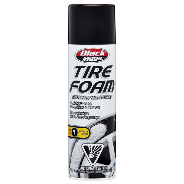 Black Magic Tire Foam cleaner spray can with black cap and white body, labeled to clean, shine, and protect tires with a classic matte finish and no wiping needed, featuring caution for pressurized contents, ideal for automotive tire sealant use to prevent dirt, cracking, and fading.