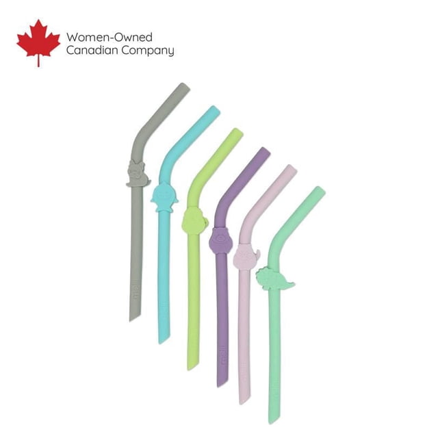 melii Silicone Animal Straws with Cleaning Brush for Baby, Toddlers and Kids showing six multi-coloured reusable silicone straws in grey, blue, green, purple, pink, and mint, each with a molded animal character including bulldog, cat, shark, dinosaur, lion, and bear, arranged on a white background with a Women-Owned Canadian Company maple leaf logo.