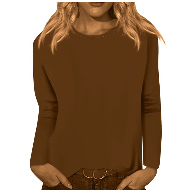 Timegard Womens Tops Long Sleeve Round Neck Solid Color Basic Tee Fall Casual Comfy Loose Tops Blouse