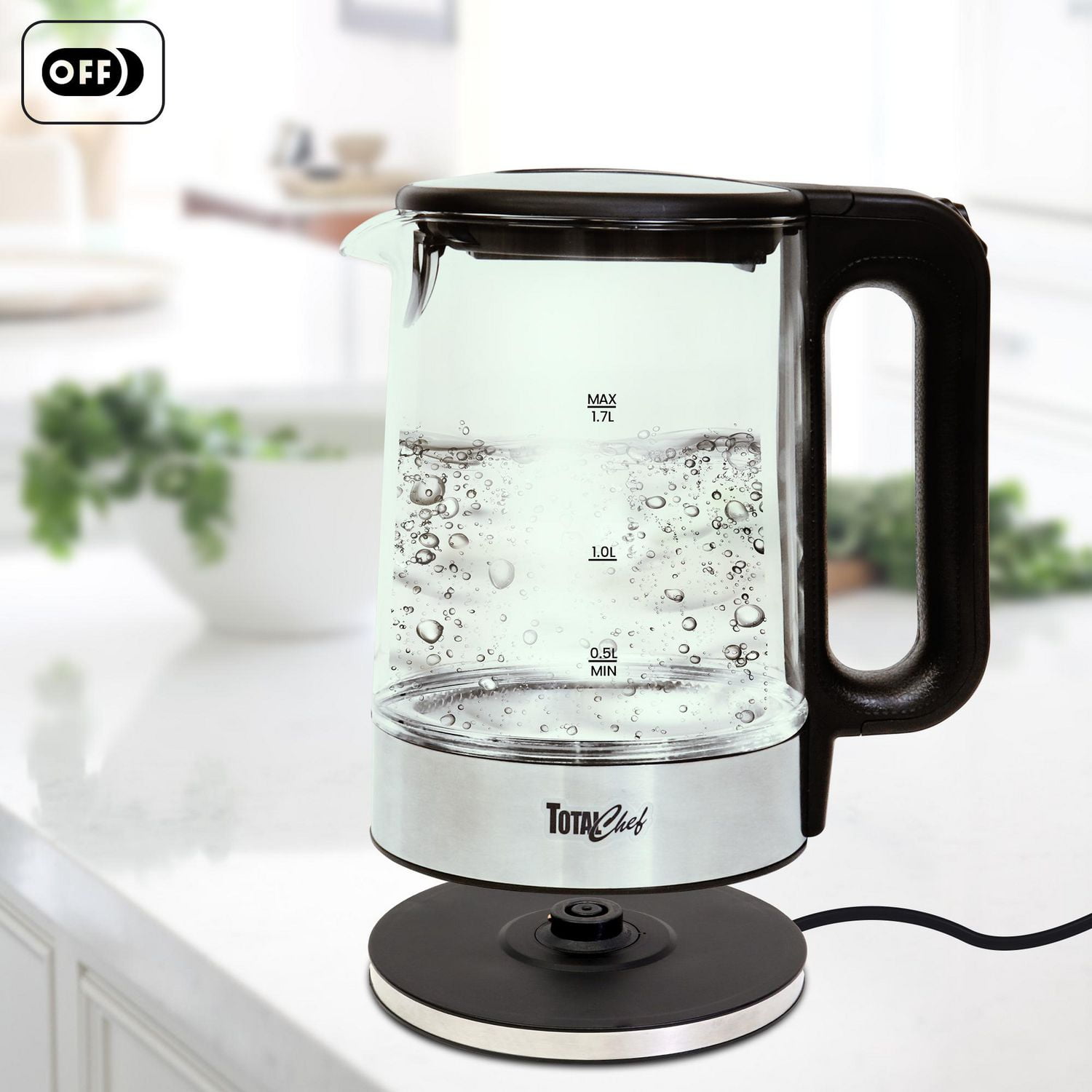 Bouilloire électrique Total Chef Bouilloire électrique Bouilloire électrique portable en verre 1,7 L avec lumière LED bleue, arrêt automatique avec couvercle Bouilloire électrique en acier inoxydable