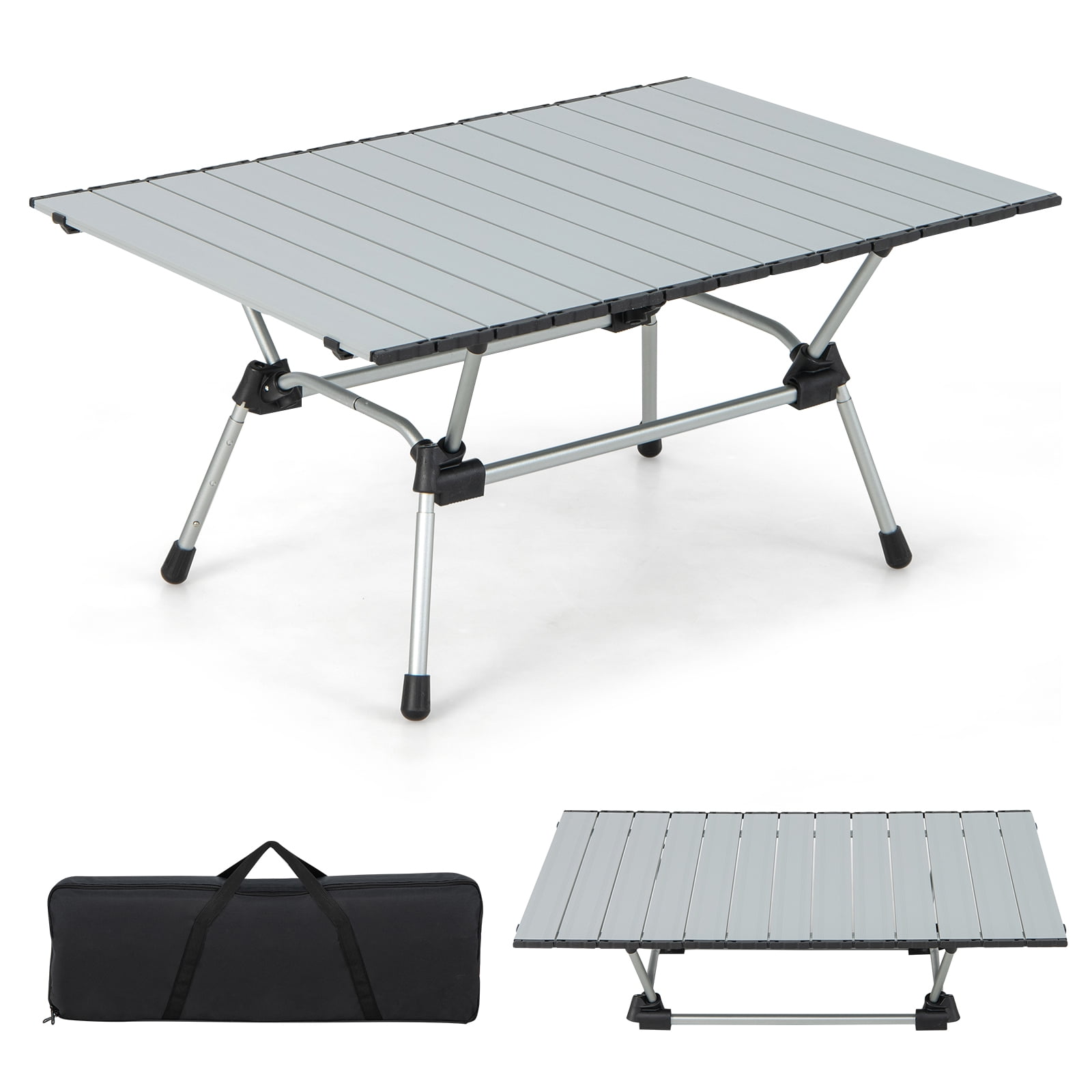 Patiojoy Table de Camping Pliante Table de Plage Roulante en Aluminium Pliable avec Sac de Transport Hauteur Réglable à 4 Niveaux Argent