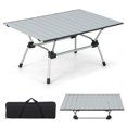 thumbnail image 1 of Patiojoy Table de Camping Pliante Table de Plage Roulante en Aluminium Pliable avec Sac de Transport Hauteur Réglable à 4 Niveaux Argent, 1 of 7