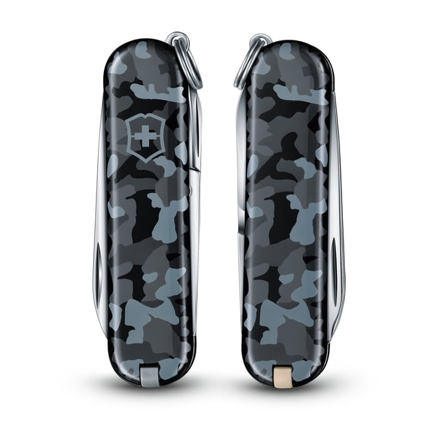 Victorinox Classic SD 7 Function Navy Camouflage Pocket Knife with a sleek navy camouflage design. Features seven functions including a straight-edge blade, scissors, nail file with screwdriver, and keyring attachment. Swiss-made, compact, and suitable for everyday tasks or as a reliable hunting tool.