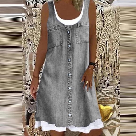 Pisexur Summer Dresses for Women 2022 Casual Loose Floral Print Sleeveless Dress Fake Two Piece Faux Denim Dress Maxi Dress Sundresses