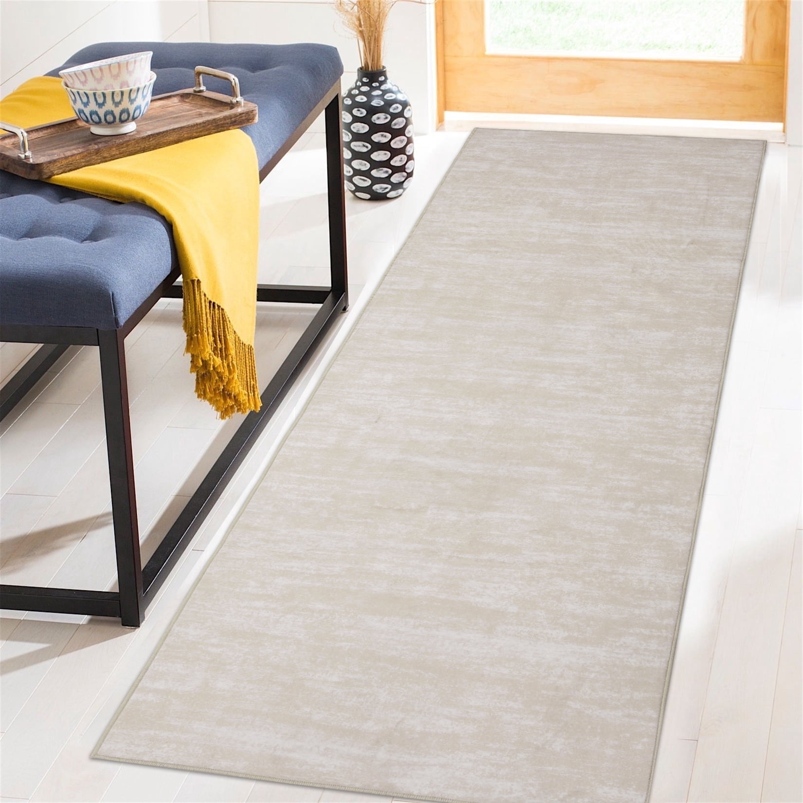 YUSAZENS 2 x 8 Modern Solid Area Rug Machine Washable, Non-Slip Low-Pile Door Mat for Entryway, Laundry, Soft Floor Mat for Home, Office, Living Room Light Beige