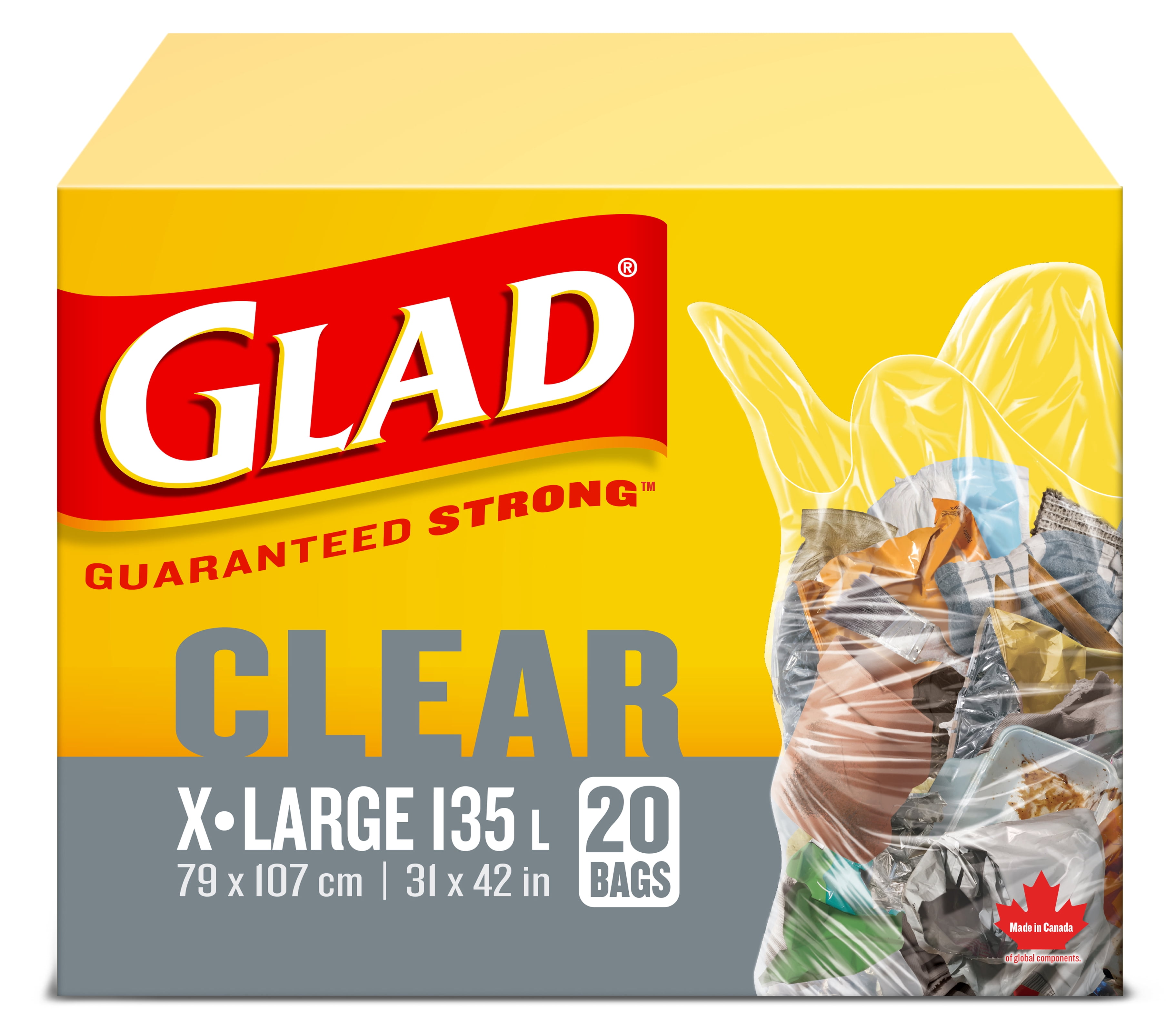 Sacs à ordures transparents de Glad, boîte de 20 très grands sacs à ordures