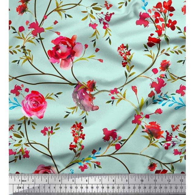 Soimoi Green Rayon Fabric Leaves & Ranunculus Floral Printed Fabric 1 Yard 56 Inch Wide