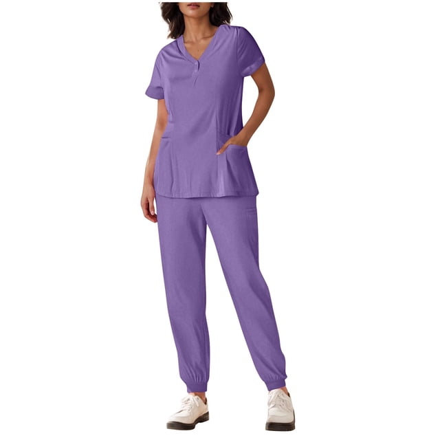 Yanlir Womens Button Down Solid Color Short Sleeve V Neck Blouse and Foot Binding Pants Set Fashion Two Piece Outfit(Purple,M)