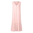 thumbnail image 4 of Robes Roses pour Femmes Couleur Unie Sans Manches Robe Douce Grande Taille Col en V Coupe Ample Tendance Vacances Robe Décontractée Maxi Mode Robe Quotidienne Gilet Bretelles Lin et Coton Robe Froncée avec Poche, TTG, 4 of 5