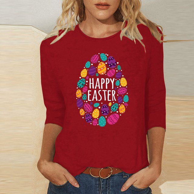 EGNMCR Easter T-Shirt Imprimé Graphique pour Femmes, Mode Décontractée de Noël, Col Rond, Manches 3/4, T-Shirts pour Femmes