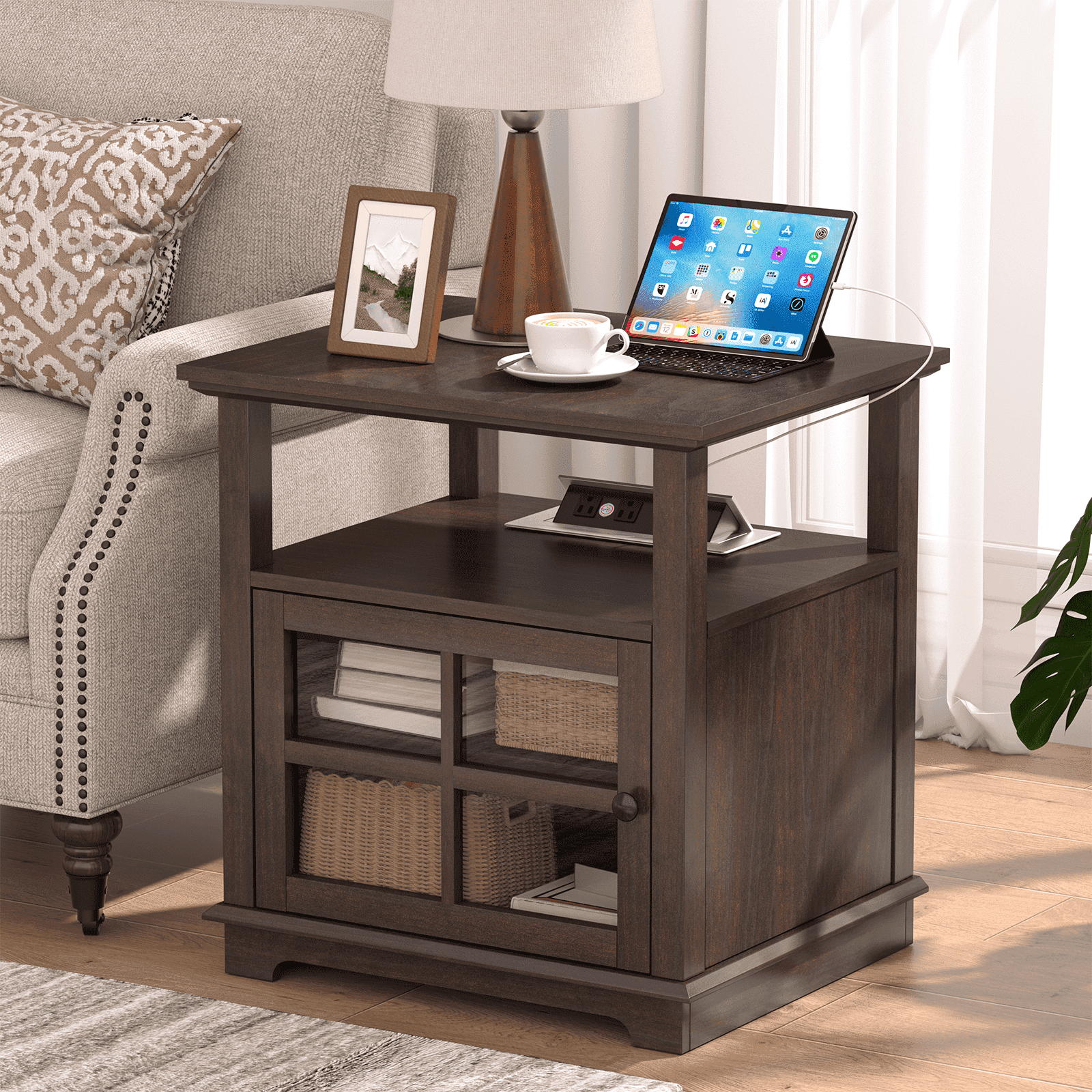 FAGAGA End Table with Charging Station for Living Room, Farmhouse Wood Nightstand with Storage, Bedside Table for Bedroom, Dorm | Brown