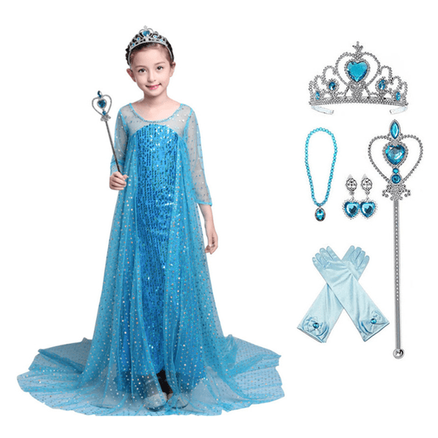 HAWEE Princesse Elsa 2 Déguisements de Robe avec Longue Cape Brillante pour Fête d'Anniversaire