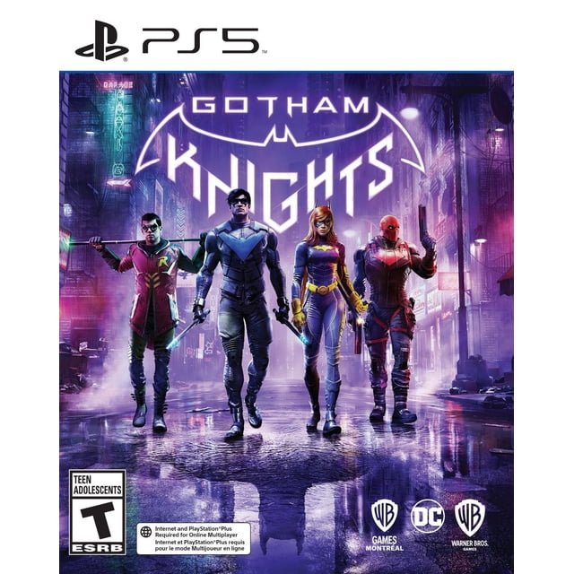 Gotham Knights (PlayStation 5) cover art depicting Batgirl, Nightwing, Red Hood, and Robin in detailed costumes walking through a rainy, neon-lit Gotham City street at night beneath the illuminated Gotham Knights logo, representing the open-world action RPG game.