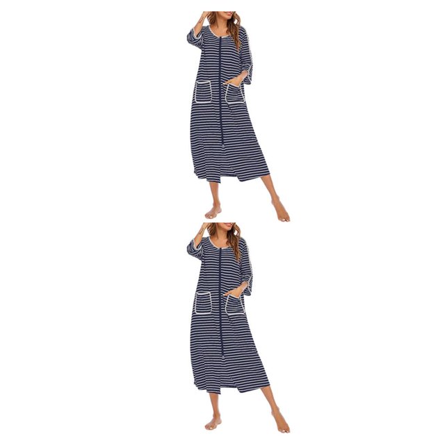 yingyy Robe de Nuit pour Femmes en Polyester 1/2/3, Décontractée, de Rechange, Col Rond, Manches Longues, Double Poche, Respirante, Peignoir de Maison, Vêtement de Nuit, Bleu Foncé, M, 2 Pcs